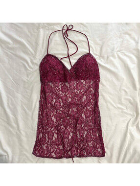 Y2K 2000s Vanity Burgundy Beaded Halter Top Sheer Lace Backless Large Festival